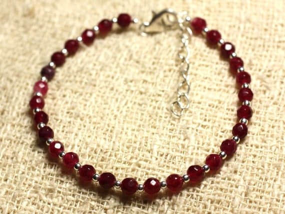 925 sterling Silver Natural Silver Helling 4mm stacking Red Burgundy Jade Bracelet Round, Faceted 7" for mens, womens, gf, bf & Adult.