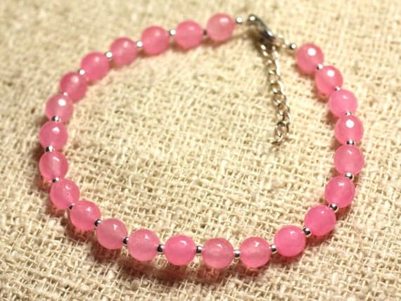 925 sterling Silver Empath Protection Silver Helling 6mm Stracking Pink pink Jade Bracelet Round, Faceted 7" for mens, womens, gf, bf & Adult.