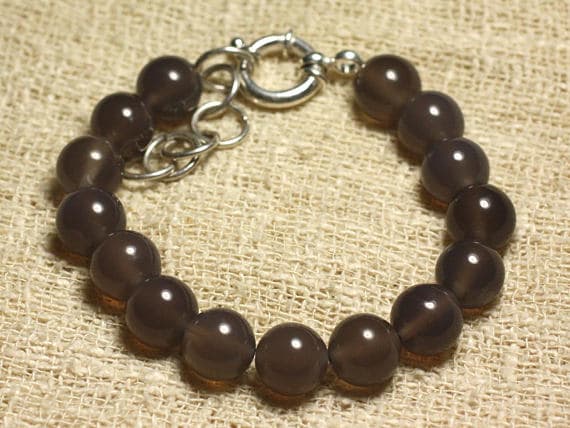 925 sterling Silver Anniversary Gift 10mm Stracking Gray Gray Agate Bracelet Round, Smooth 7.5" for mens, womens, gf, bf & Adult.