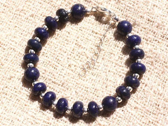 925 sterling Silver Natural Silver Helling 8mm stacking Blue Lapis Lazuli  Bracelet Rondelle, Smooth 7" for mens, womens, gf, bf & Adult.