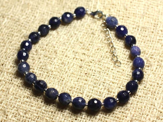 925 sterling Silver Anxiety Gemstone 6mm stacking Blue Sodalite Bracelet Round, Faceted 7" for mens, womens, gf, bf & Adult.