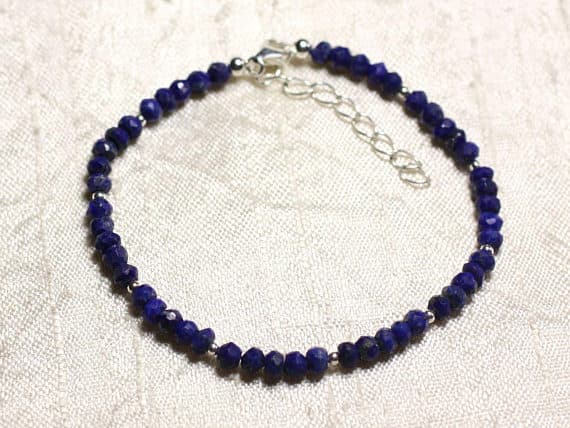 925 sterling Silver Anniversary Gift Silver Helling 3x2mm Stracking Blue Lapis Lazuli Bracelet Rondelle, Faceted 7" for mens, womens, gf, bf & Adult.