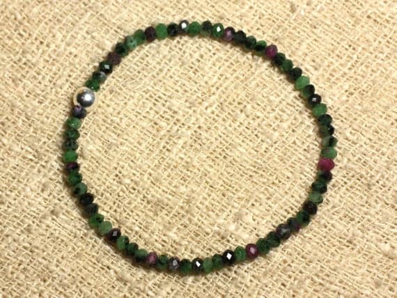 Unique Wedding Gift Silver Helling 4x2mm Stretchable Green Ruby Zoisite Bracelet Rondelle, Faceted 7" for mens, womens, gf, bf & Adult.
