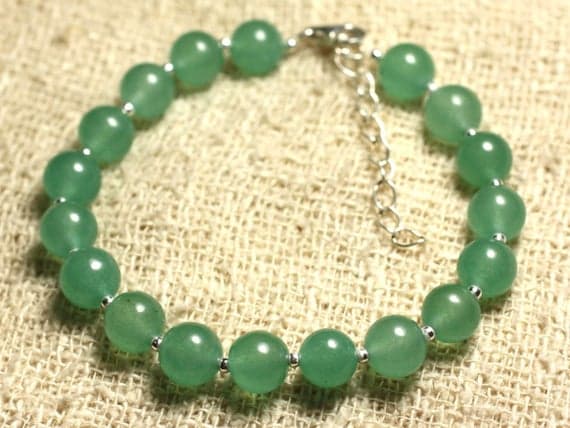 925 sterling Silver love beach youth 8mm Stracking Green Jade Green Bracelet Round, Smooth 7" for mens, womens, gf, bf & Adult.