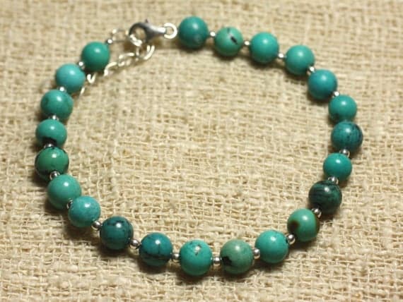 925 sterling Silver Handmade Beaded Silver Helling 6mm stacking Blue Turquoise Bracelet Round, Smooth 7" for mens, womens, gf, bf & Adult.