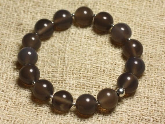 925 sterling Silver memorial gift Silver Helling 10mm Stretchable Gray Agate Bracelet Round, Smooth 7.5" for mens, womens, gf, bf & Adult.