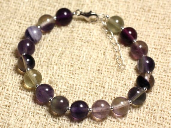 925 sterling Silver Galaxy Jewelry Silver Helling 8mm stacking Purple purple Fluorite Bracelet Round, Smooth 7" for mens, womens, gf, bf & Adult.