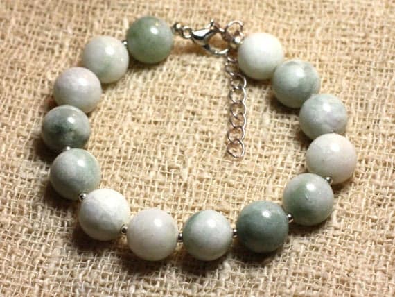 925 sterling Silver Bridesmaid Jewelry Silver Helling 10mm Stracking Green Green Jade Bracelet Round, Smooth 7.5" for mens, womens, gf, bf & Adult.