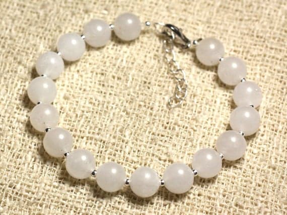 925 sterling Silver top quality Silver helling 8mm Stracking White White Jade  Bracelet Round, Smooth 7" for mens, womens, gf, bf & Adult.