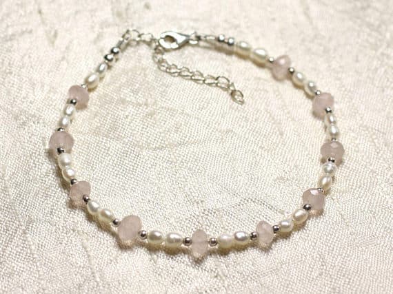 925 sterling Silver Natural Silver Helling 3-5mm Stracking Pink & White Rose Quartz white pearls Bracelet Rondelle, Faceted 7" for mens, womens, gf, bf & Adult.