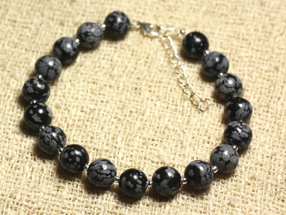 925 sterling Silver Personalized Gift Silver Helling 8mm Stracking Black snowflake Obsidian Bracelet Round, Smooth 7" for mens, womens, gf, bf & Adult.
