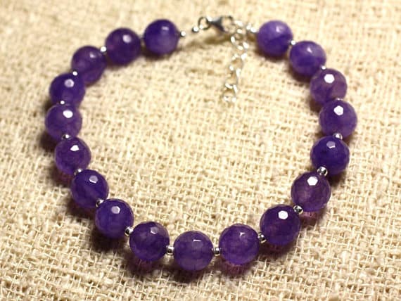 925 sterling Silver Empath Protection Silver Helling 8mm Stracking Purple purple Jade Bracelet Round, Faceted 7" for mens, womens, gf, bf & Adult.