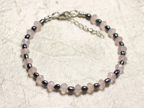 925 sterling Silver Bridesmaid Jewelry 3-5mm Stracking Pink Quartz rose & black pearls Bracelet Rondelle, Faceted 7" for mens, womens, gf, bf & Adult.