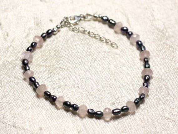 925 sterling Silver Natural Silver Helling 3-5mm Stracking Pink & Black Rose Quartz & black pearls  Bracelet Rondelle, Faceted 7" for mens, womens, gf, bf & Adult.