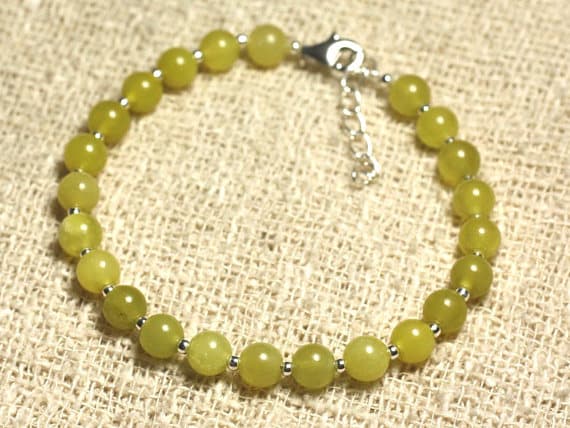 925 sterling Silver Empath Protection Silver Helling 6mm stacking Green Olive Jade Bracelet Round, Smooth 7" for mens, womens, gf, bf & Adult.