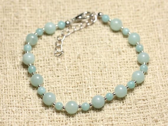 925 sterling Silver Personalized Gift Silver Helling 4-6mm stacking Aqua Amazonite Bracelet Round, Smooth 7" for mens, womens, gf, bf & Adult.