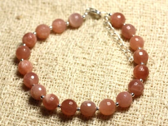 925 sterling Silver memorial gift Silver Helling 7mm Stracking Orange Sunstone Bracelet Round, Faceted 7" for mens, womens, gf, bf & Adult.