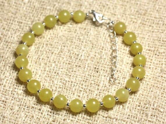 925 sterling Silver Grounding Silver Helling  6mm Stracking Yellow lemon Jade Bracelet Round, Smooth 7" for mens, womens, gf, bf & Adult.