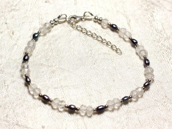 925 sterling Silver Dainty Slave Loose Silver Helling 3-5mm Stracking White Quartz & black cultured pearls Bracelet Rondelle, Faceted 7" for mens, womens, gf, bf & Adult.