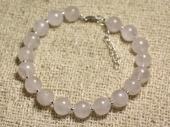 925 sterling Silver Handmade Beaded Silver Helling 8mm Stracking Pink Pink Quartz Bracelet Round, Smooth 7" for mens, womens, gf, bf & Adult.