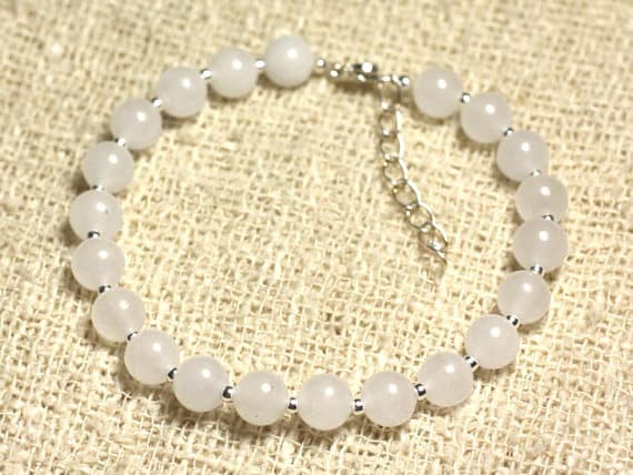 925 sterling Silver Dainty Slave Loose Silver Helling 6mm Stracking White White Jade Bracelet Round, Smooth 7" for mens, womens, gf, bf & Adult.