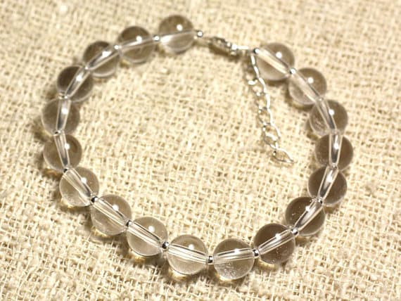 925 sterling Silver Artisan Loose Silver Helling 8mm Stracking White Crystal Quartz  Bracelet Round, Smooth 7" for mens, womens, gf, bf & Adult.