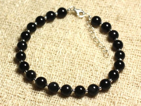 925 sterling Silver good luck gift Silver Helling 6mm Stracking Black  Onyx Black  Bracelet Round, Smooth 7" for mens, womens, gf, bf & Adult.