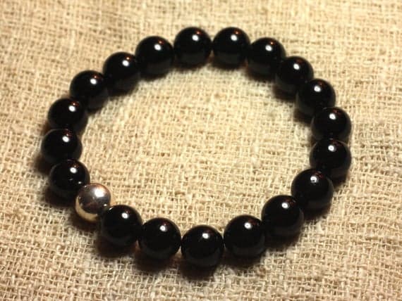 925 sterling Silver Natural Silver Helling 10mm stacking BlaCK black Tourmaline Bracelet Round, Smooth 7.5" for mens, womens, gf, bf & Adult.