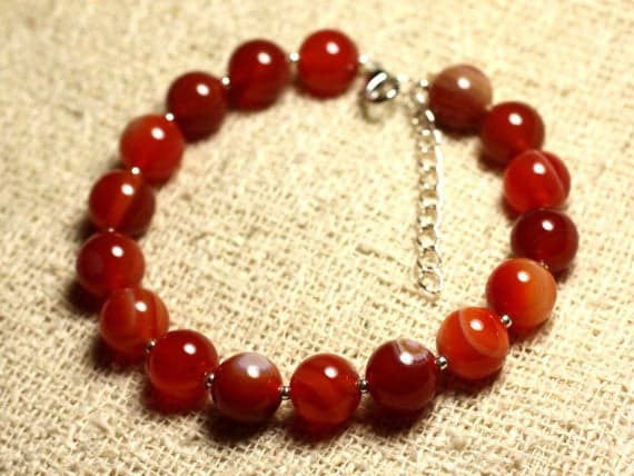 925 sterling Silver Unique Wedding Gift Silver Helling 10mm stacking Red  Red Agate Bracelet Round, Smooth 7.5" for mens, womens, gf, bf & Adult.