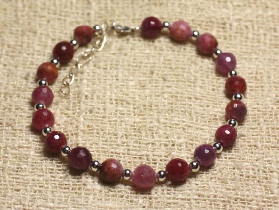 925 sterling Silver Dainty Slave Loose Silver Helling 6mm stacking Red Ruby Bracelet Round, Faceted 7" for mens, womens, gf, bf & Adult.