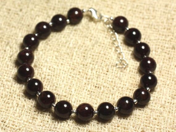925 sterling Silver Rock Gift 8mm Stracking Red Garnet Bracelet Round, Smooth 7" for mens, womens, gf, bf & Adult.