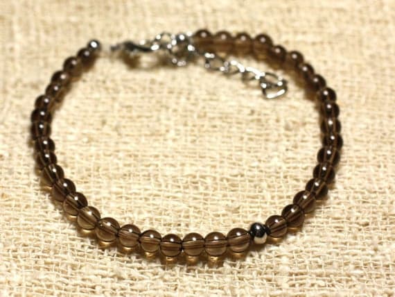 925 sterling Silver Unique Wedding Gift Silver Helling 4mm Stracking Brown smoky Quartz Bracelet Round, Smooth 7" for mens, womens, gf, bf & Adult.