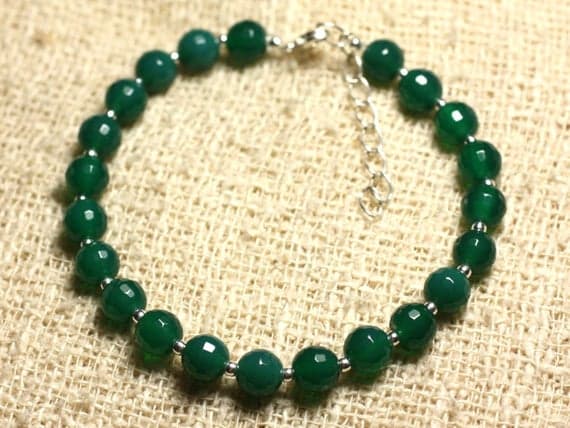 925 sterling Silver Dainty Slave Loose Silver Helling 6mm Stracking Green Green Onyx Bracelet Round, Faceted 7" for mens, womens, gf, bf & Adult.