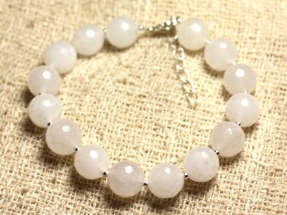 925 sterling Silver Galaxy Jewelry Silver Helling 10mm Stracking White White Jade Bracelet Round, Faceted 7.5" for mens, womens, gf, bf & Adult.
