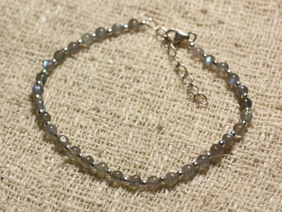 925 sterling Silver Anniversary Gift Silver Helling 3mm Stracking Gray Labradorite Bracelet Round, Smooth 7" for mens, womens, gf, bf & Adult.