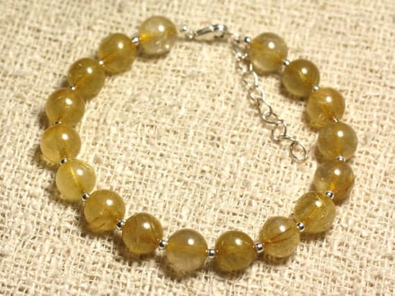 925 sterling Silver good luck gift Silver Helling 8mm stacking Yellow rutilated Quartz  Bracelet Round, Smooth 7" for mens, womens, gf, bf & Adult.