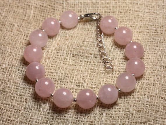 925 sterling Silver Artisan Loose Silver Helling 10mm stacking Pink Pink Quartz Bracelet Round, Smooth 7.5" for mens, womens, gf, bf & Adult.
