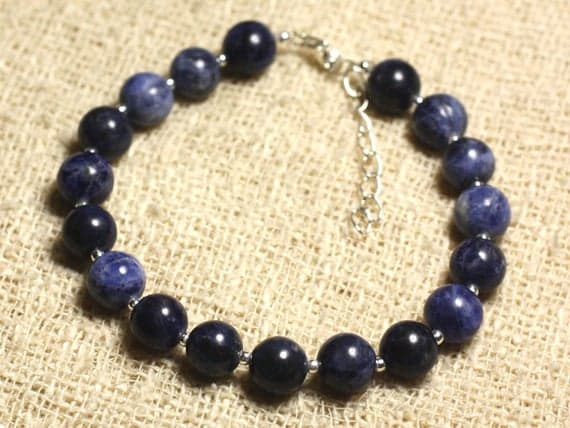 925 sterling Silver chakras simple Silver Helling 8mm Stracking Blue Sodalite Bracelet Round, Smooth 7" for mens, womens, gf, bf & Adult.