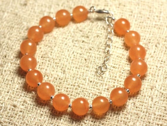 925 sterling Silver Empath Protection Silver Helling 8mm Stracking Orange Orange Jade Bracelet Round, Smooth 7" for mens, womens, gf, bf & Adult.