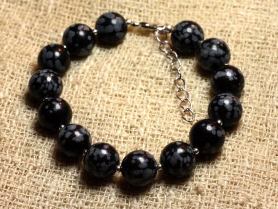 925 sterling Silver love beach youth Silver Helling 10mm Stracking Black snowflake Obsidian Bracelet Round, Smooth 7.5" for mens, womens, gf, bf & Adult.