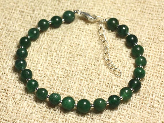 925 sterling Silver Artisan Loose Silver Helling 6mm Stracking Green Green Jade  Bracelet Round, Smooth 7" for mens, womens, gf, bf & Adult.