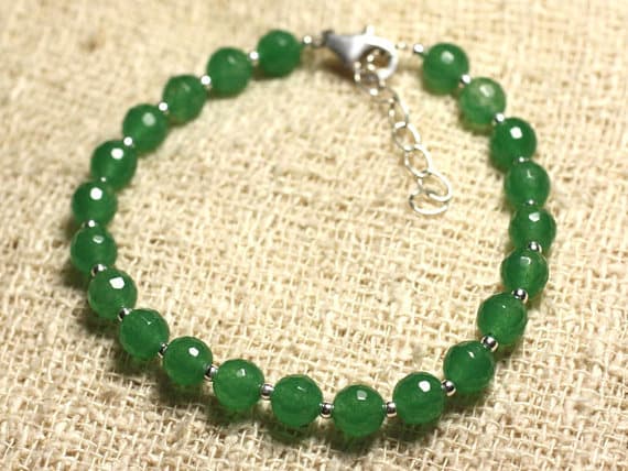 925 sterling Silver Jewelry Energy Silver Helling 6mm Stracking Green Green Jade Bracelet Round, Faceted 7" for mens, womens, gf, bf & Adult.