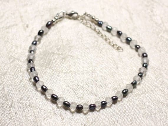 925 sterling Silver Super sale 3-5mm stacking Black & White Quartz & black cultured pearls Bracelet Rondelle, Faceted 7" for mens, womens, gf, bf & Adult.