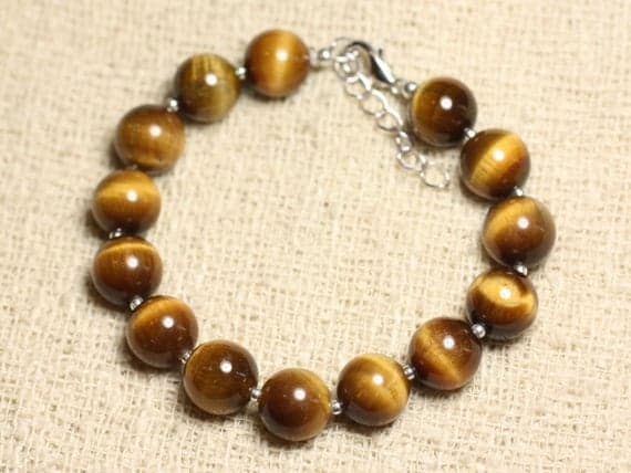 925 sterling Silver Anniversary Gift Silver Helling 10mm stacking Multi Tiger eye Bracelet Round, Smooth 7.5" for mens, womens, gf, bf & Adult.