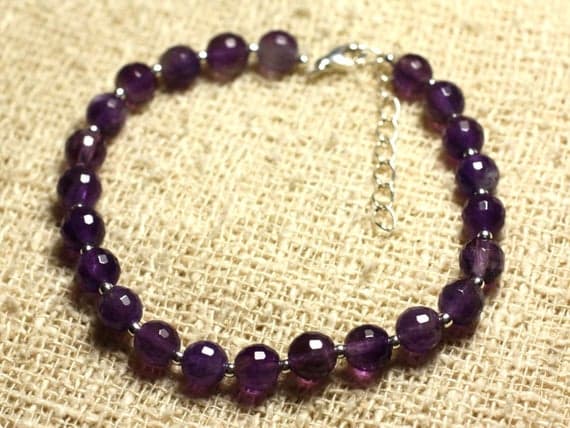925 sterling Silver Handmade Beaded Silver Helling 6mm Stracking Purple Amethyst Bracelet Round, Faceted 7" for mens, womens, gf, bf & Adult.