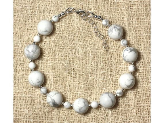 925 sterling Silver Anxiety Relief Calming Silver Helling 4-10mm Stracking White Howlite Bracelet Round, Smooth 7" for mens, womens, gf, bf & Adult.