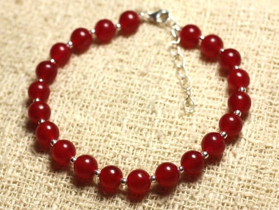 925 sterling Silver Artisan Loose Silver Helling 6mm Stracking Red Red Jade  Bracelet Round, Smooth 7" for mens, womens, gf, bf & Adult.