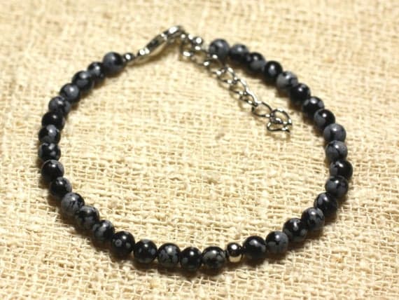 925 sterling Silver Blush Jewelry Silver Helling 4mm stacking Black snowflake Obsidian Bracelet Round, Smooth 7" for mens, womens, gf, bf & Adult.