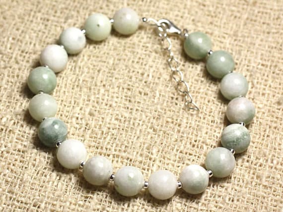 925 sterling Silver Personalized Gift Silver Helling 8mm Stracking Green Green Jade Bracelet Round, Smooth 7" for mens, womens, gf, bf & Adult.