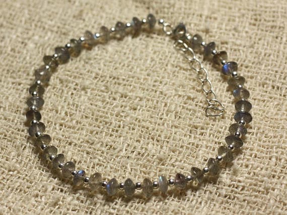 925 sterling Silver Positive Energy Silver helling 4-5mm stacking Gray Labradorite Bracelet Rondelle, Smooth 7" for mens, womens, gf, bf & Adult.